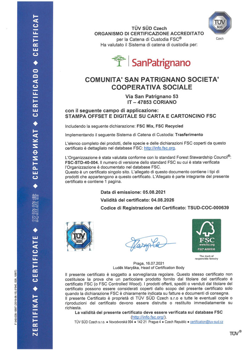 Certificazione FSC San Patrignano Stampa e Grafiche